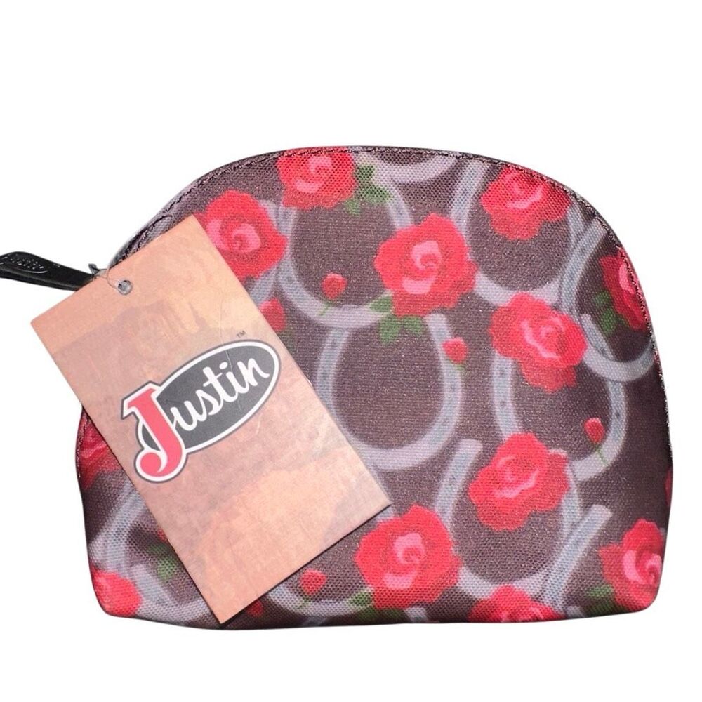 Justin Boots Horseshoe & Roses Western Dome Cosmetic Bag Brown Travel NEW